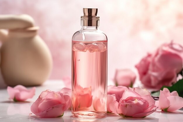 un frasco de perfume con rosas al fondo