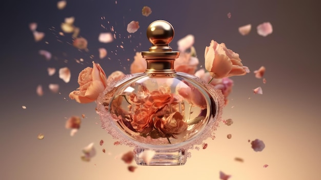 Un frasco de perfume con rosas al fondo