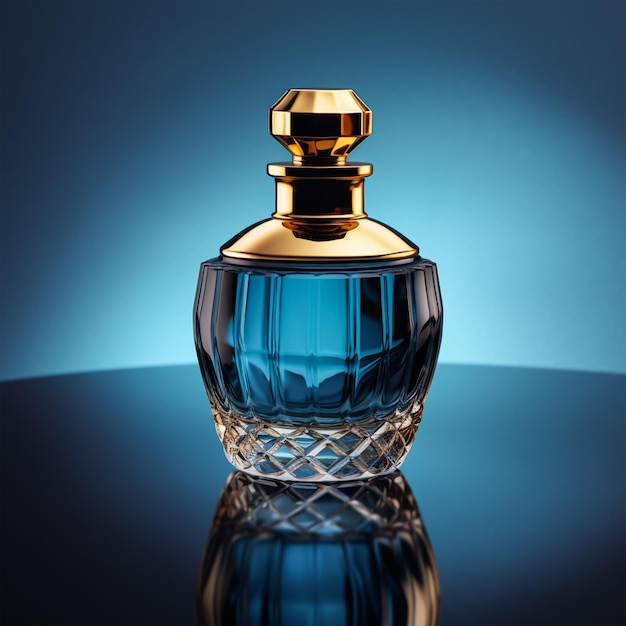 Frasco de perfume sobre un fondo azul.