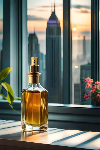 Frasco de perfume sobre la mesa en un baño moderno con plantas tropicales