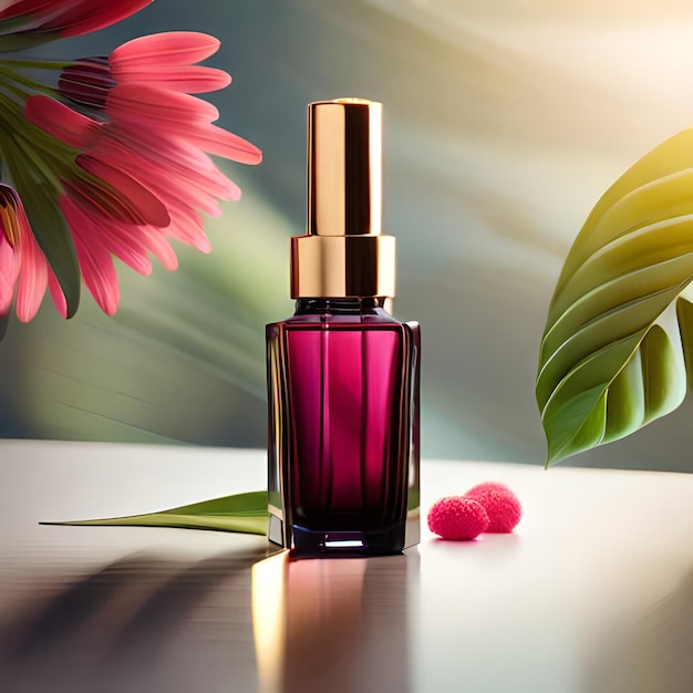 Frasco de perfume sobre la mesa en un baño moderno con plantas tropicales