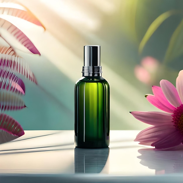 Frasco de perfume sobre la mesa en un baño moderno con plantas tropicales