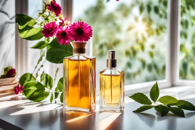 Frasco de perfume sobre la mesa en un baño moderno con plantas tropicales