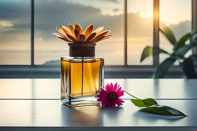 Frasco de perfume sobre la mesa en un baño moderno con plantas tropicales