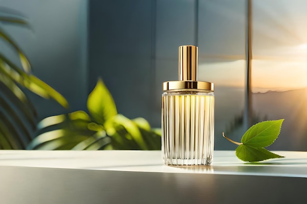 Frasco de perfume sobre la mesa en un baño moderno con plantas tropicales