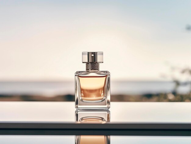 Frasco de perfume sobre una mesa de cristal con fondo de vistas al mar