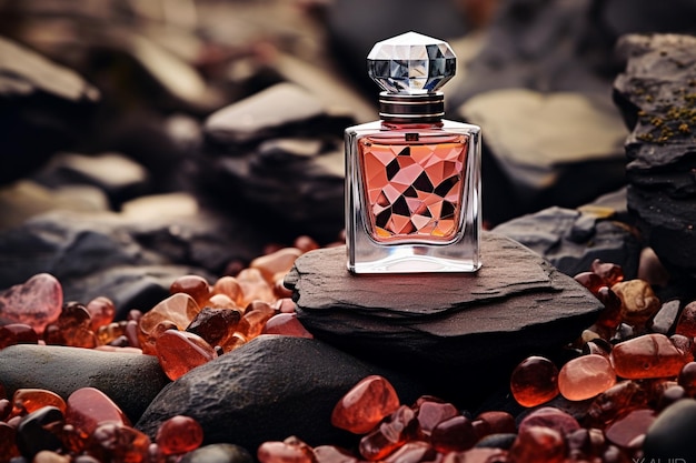 Frasco de perfume sobre piedras