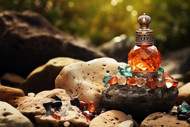 Foto frasco de perfume sobre piedras