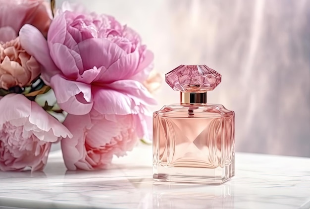 Frasco de perfume transparente rosa con ramo de peonías sobre fondo de mármol claro