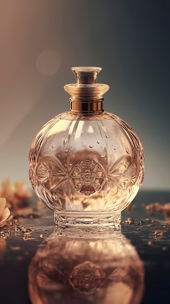 Un frasco de perfume de vidrio delicado y noble se colocó en medio del agua.