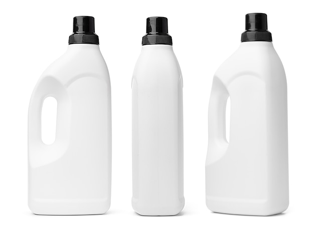 Foto frasco plástico branco com líquido de lavagem isolado no fundo branco