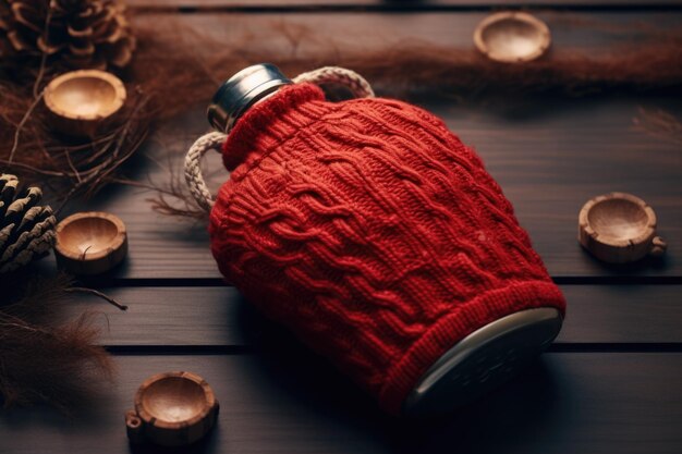 Un frasco de punto rojo sentado encima de una mesa de madera Perfecto para presentaciones de bebidas acogedoras y cálidas o conceptos de temática rústica