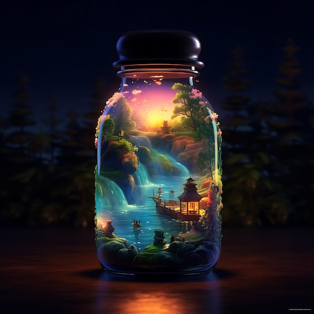 Un frasco que muestra una pintura de paisaje dentro de una botella