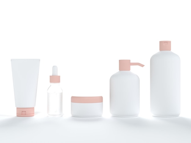 Frasco de tubo de crema cosmética con tapa de jabón líquido y botella de suero de champú renderizado en 3D sobre fondo blanco