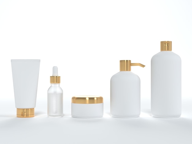 Frasco de tubo de crema cosmética con tapa de jabón líquido y botella de suero de champú renderizado en 3D sobre fondo blanco