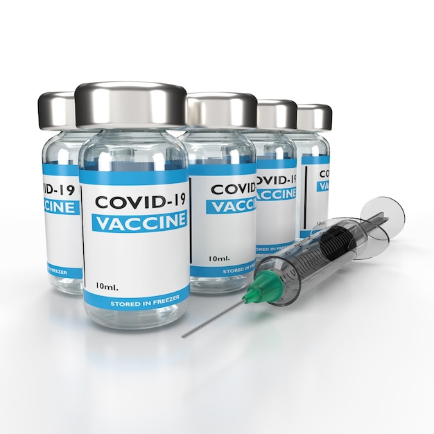 Frasco de vacuna Covid-19 y jeringa sobre fondo blanco, ilustración 3D