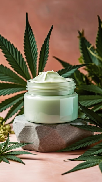 Frasco verde de crema facial se encuentra en un podio para una toma fija rodeada de hojas de marihuana