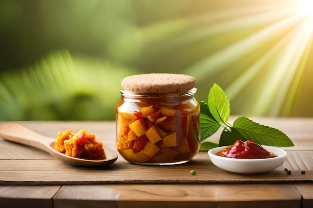 Un frasco de verduras en escabeche se encuentra en una mesa junto a un tazón de ketchup y una cuchara con la palabra "tomate".