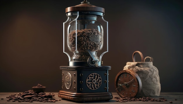 Un frasco de vidrio con el cerebro dentro se encuentra sobre una mesa junto a un reloj y una tetera de cobre.
