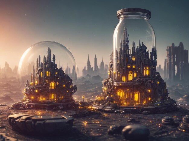 Un frasco de vidrio con una ciudad futurista adentro que dice ciudad de fuego