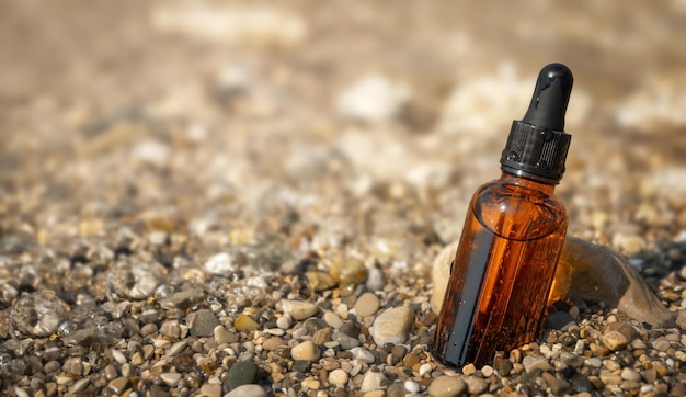 Frasco de vidrio cosmético con suero o aceite esencial en la playa de piedra, espacio para copiar. Producto líquido con minerales para el cuidado de la piel a la luz del sol.