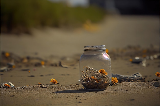 Frasco de vidrio con flor en la naturaleza.