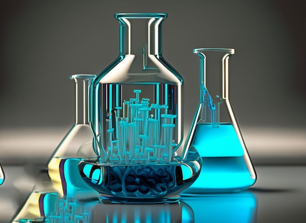 Frasco de vidrio en fondo de laboratorio de banner de ciencia química de investigación azul