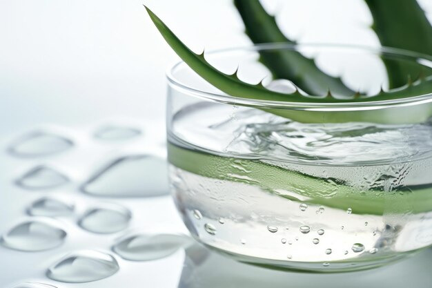 Frasco de vidrio de jugo de aloe vera y hojas frescas de aloe vera IA generativa