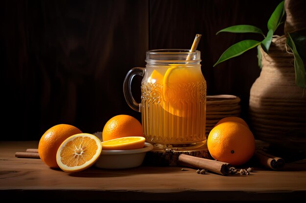 un frasco de vidrio de jugo de naranja al lado de las naranjas