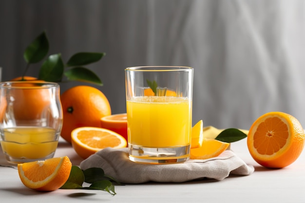 Frasco de vidrio de jugo de naranja fresco con frutas frescas