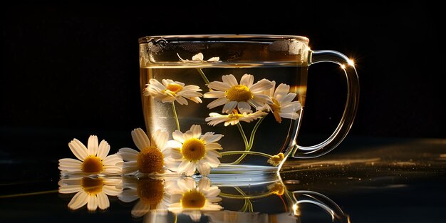 Un frasco de vidrio lleno de flores de manzanilla