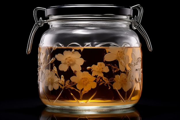 Un frasco de vidrio lleno de un líquido lleno de flores