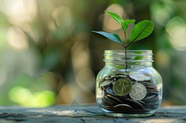 Un frasco de vidrio lleno de monedas y una planta que crece fuera de él