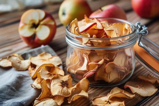 Un frasco de vidrio lleno de papas fritas junto a las manzanas