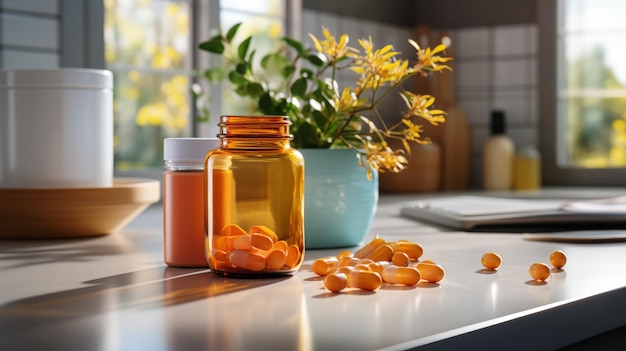 Un frasco de vidrio lleno de pastillas de naranja en el mostrador en el baño