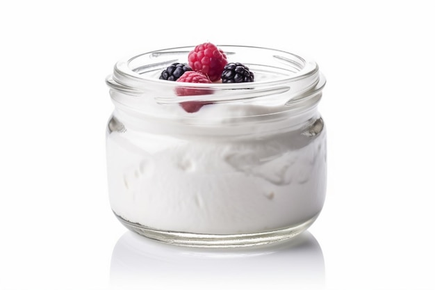 Foto un frasco de vidrio lleno de yogur y bayas