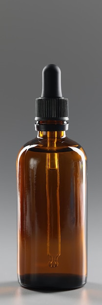 Frasco de vidrio marrón lleno de frasco de aceite con producto de cosmetología o medicamento