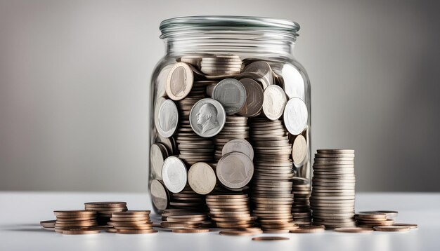 Foto un frasco de vidrio con muchas monedas en él con una moneda de plata en él