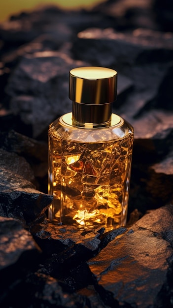 Frasco de vidrio de perfume dorado sobre superficie de piedra negra IA generativa