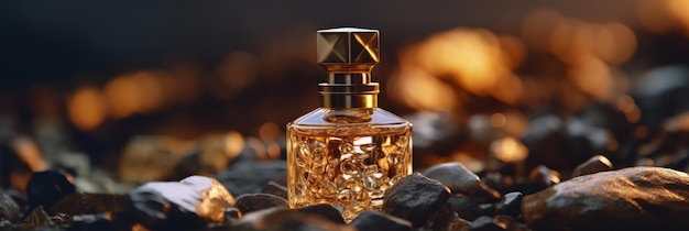 Frasco de vidrio de perfume dorado sobre superficie de piedra negra IA generativa