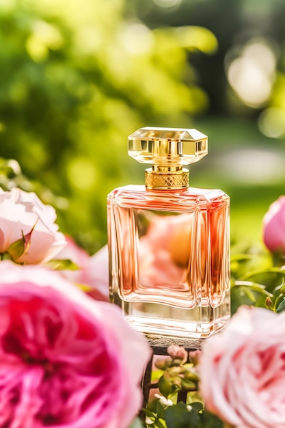 Frasco de vidrio de perfume floral para mujer en el jardín de rosas AI generativa