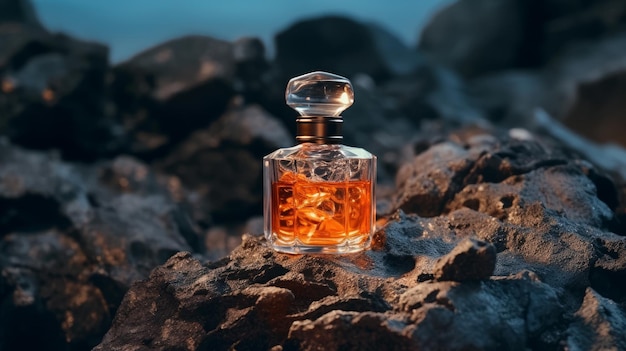 Frasco de vidrio de perfume de naranja sobre superficie de piedra negra IA generativa