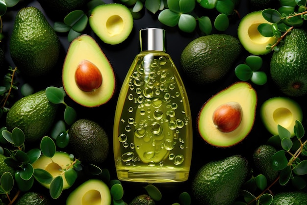 frasco de vidrio plano con aceite cosmético de aguacate rodeado de fruta de aguacate fresca