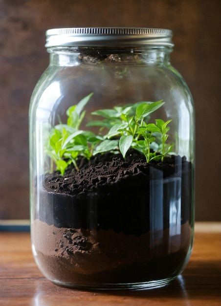 un frasco de vidrio con una planta dentro de él que tiene algunos brotes en él