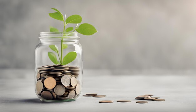 un frasco de vidrio con una planta que crece fuera de él y un montón de monedas en él