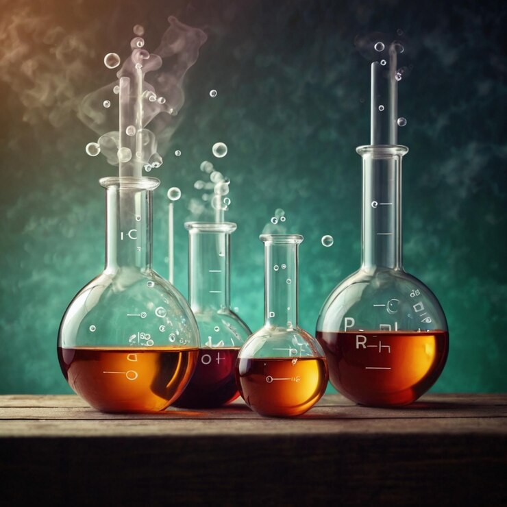 frasco de vidrio púrpura rojo y amarillo en azul investigación química ciencia estandarte de laboratorio fondo