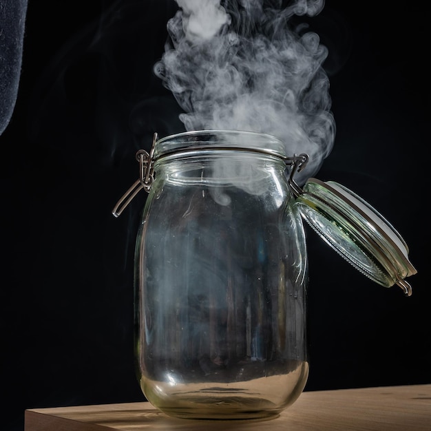 Frasco de vidrio con una tapa llena de humo sobre un fondo negro Niebla en un recipiente transparente sobre la mesa