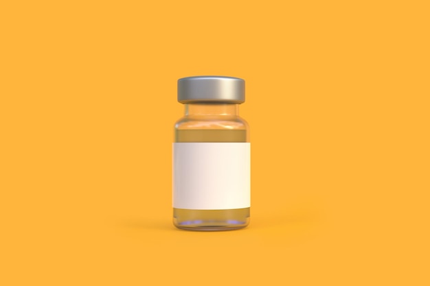 Frasco de vidrio transparente para la vacuna contra el coronavirus Covid19 y otros virus sobre fondo amarillo 3D