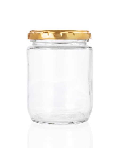 Foto frasco de vidrio vacío aislado en blanco con trazado de recorte