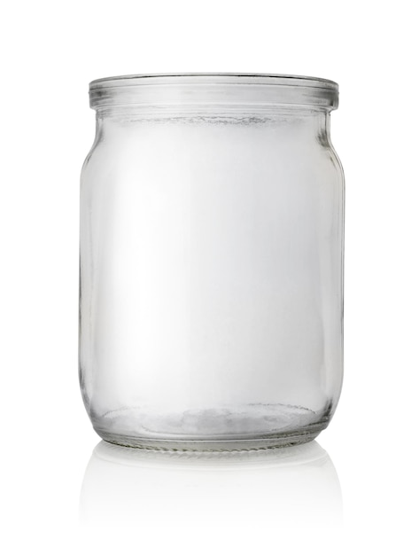 Foto frasco de vidrio vacío aislado sobre un fondo blanco.